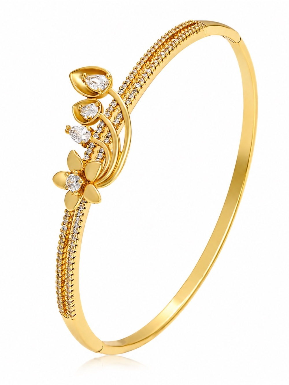 Gold Floral Crystal Accent Bangle Bracelet - Women Jewelry